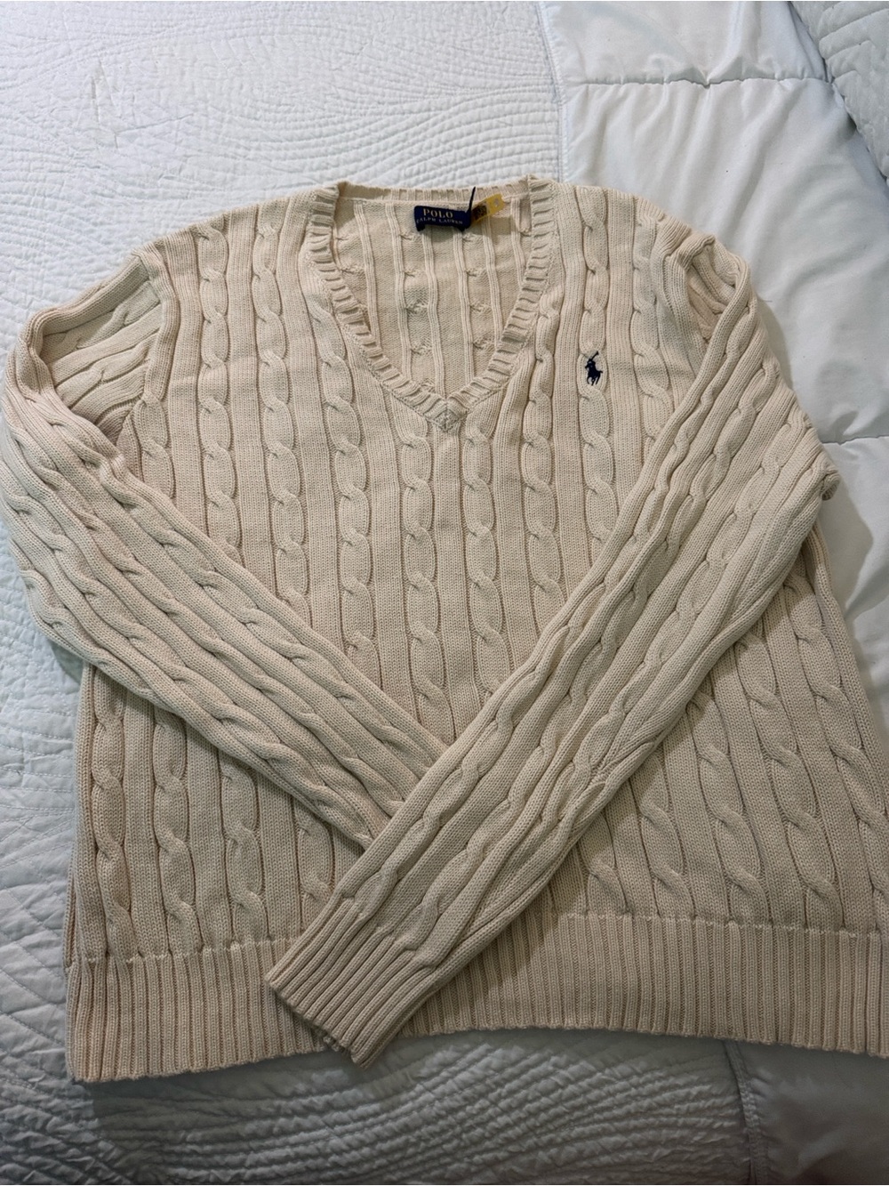 Ralph Lauren Cream Cable Knit V-Neck Sweater